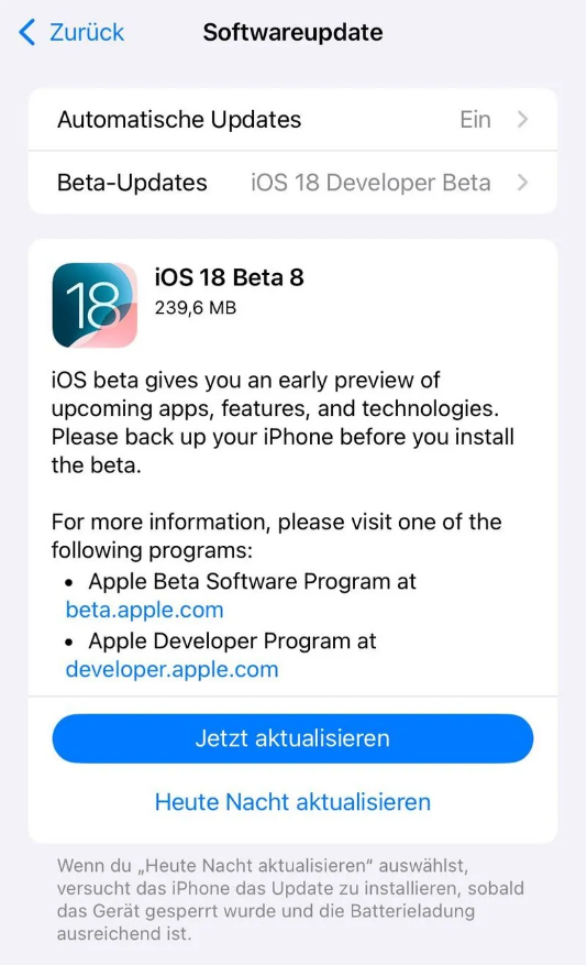 烈山苹果手机维修分享苹果 iOS / iPadOS 18 开发者预览版 Beta 8 发布 